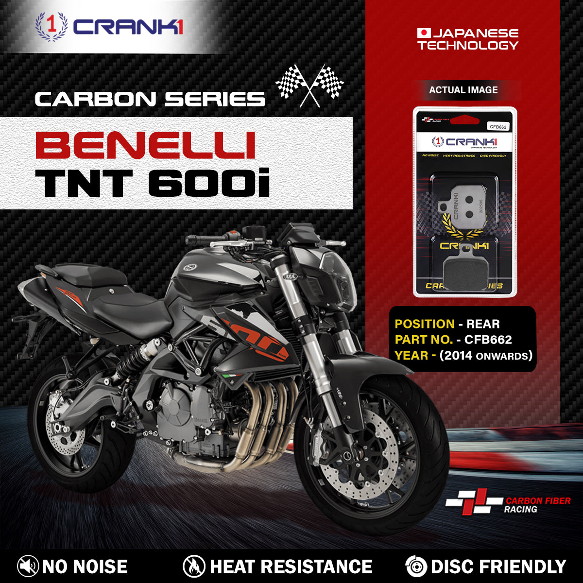Crank1 Carbon Brake Pads For Benelli TNT 600i (2014 Onwards) - Rear - CFB662