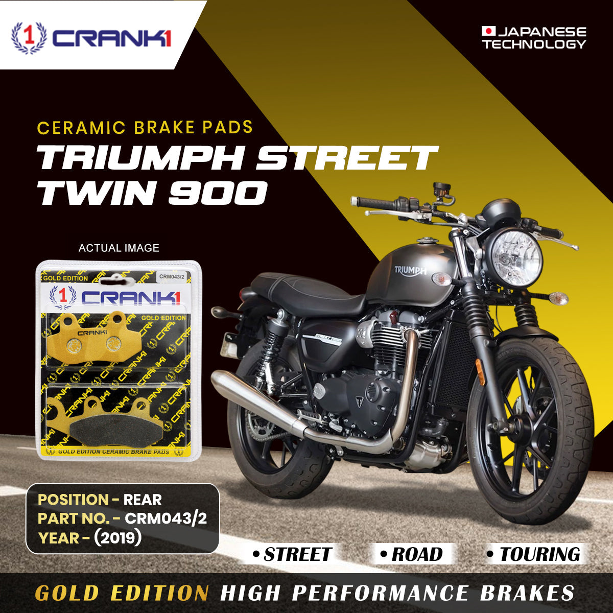 Crank1 Ceramic Brake Pads For Triumph Street Twin 900 (2019) - Rear - CRM043/2