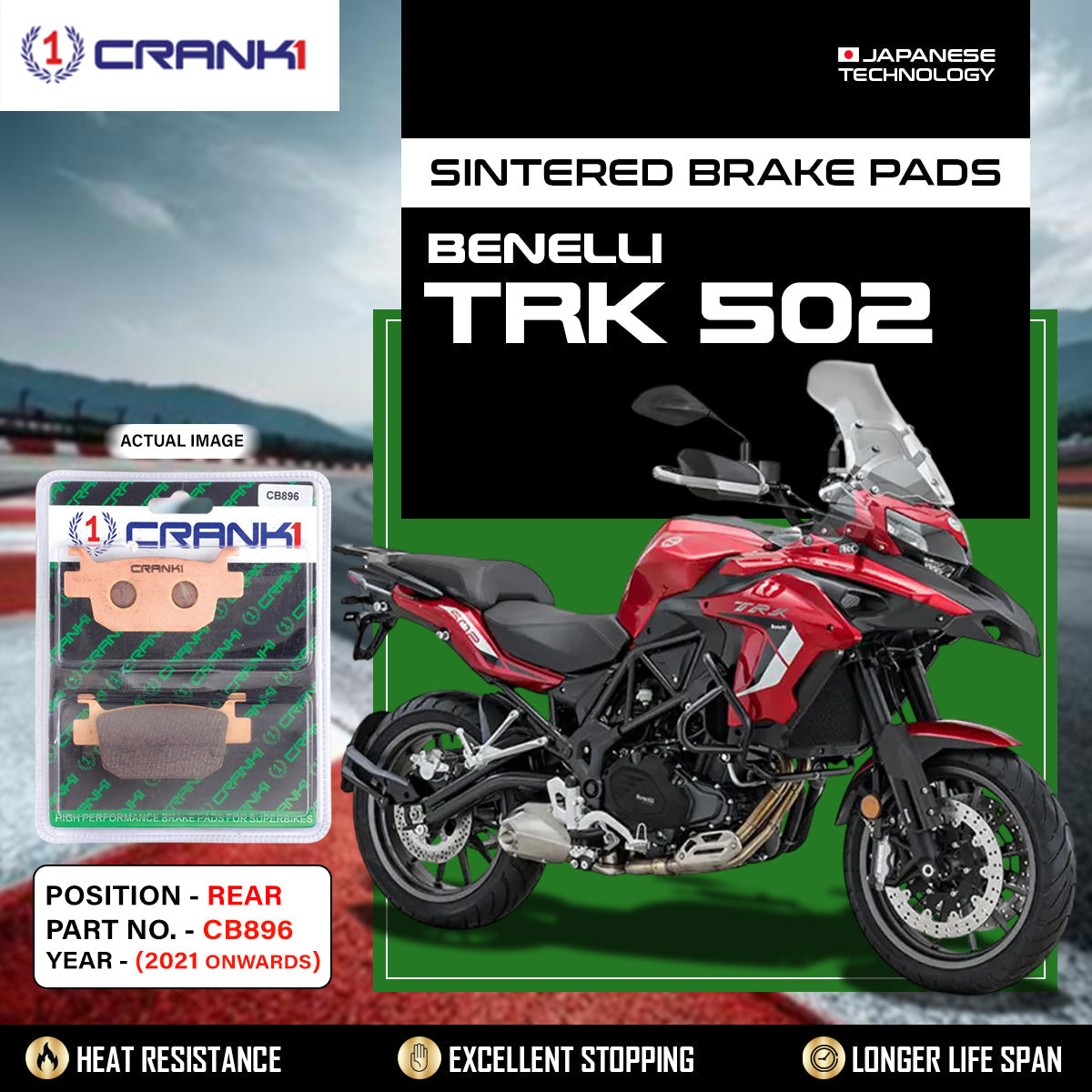 Crank1 Sintered Brake Pads For Benelli TRK 502 (2021 Onwards) - Rear - CB896 - 1 Set