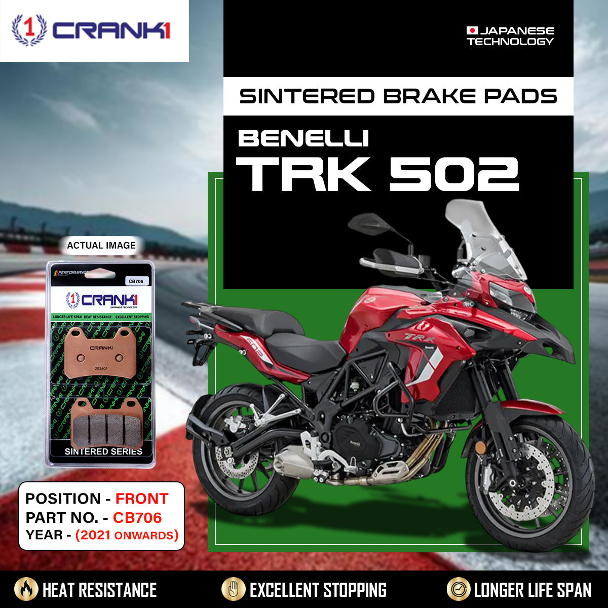 Crank1 Sintered Brake Pads For Benelli TRK 502 (2021 Onwards) - Front - CB706 - 2 Sets