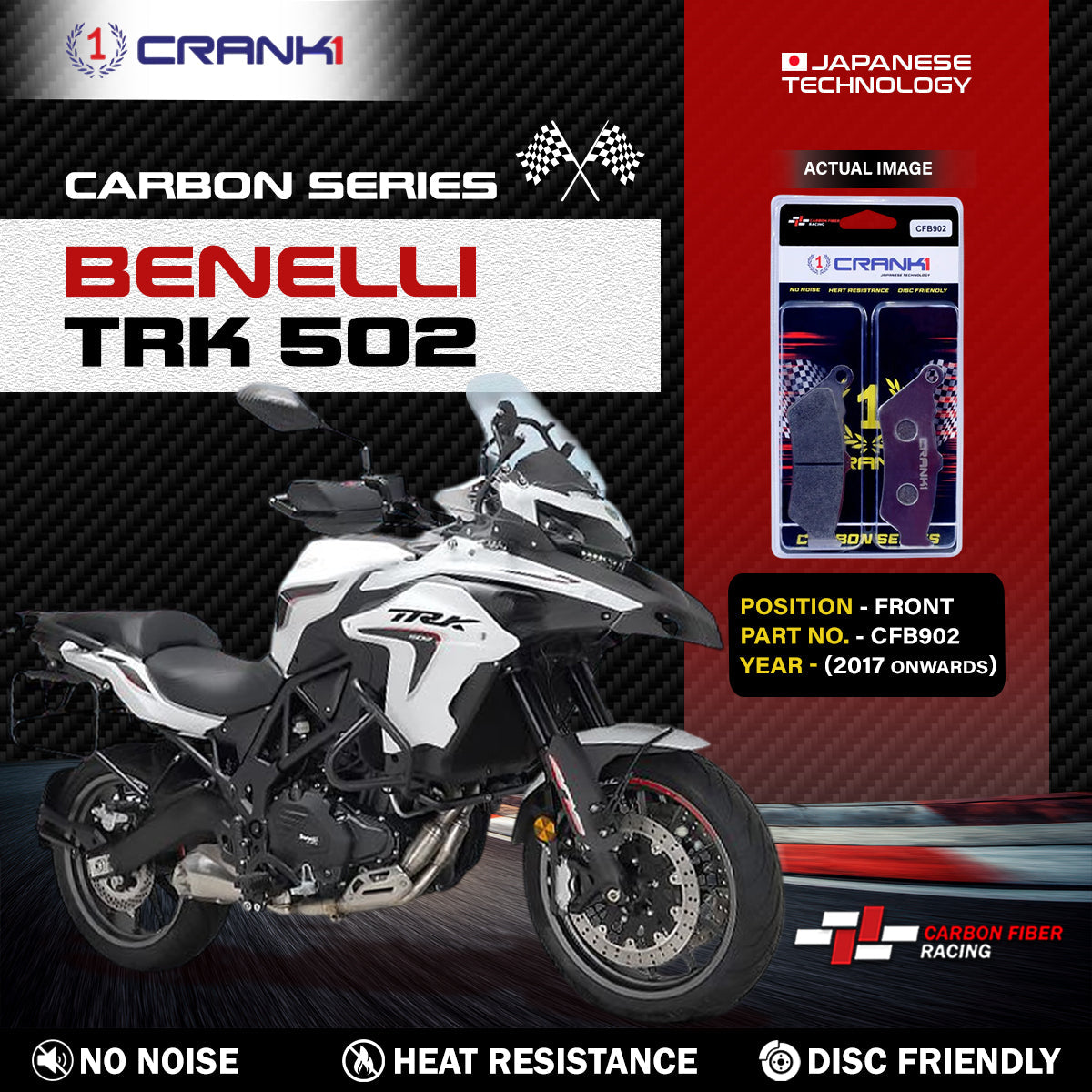 Crank1 Carbon Brake Pads For Benelli TRK 502 (2017 Onwards) - Front - CFB902 - 2 Sets