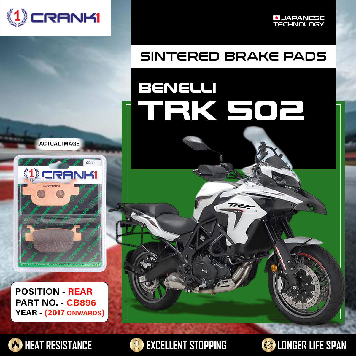 Crank1 Sintered Brake Pads For Benelli TRK 502 (2017 Onwards) - Rear - CB896