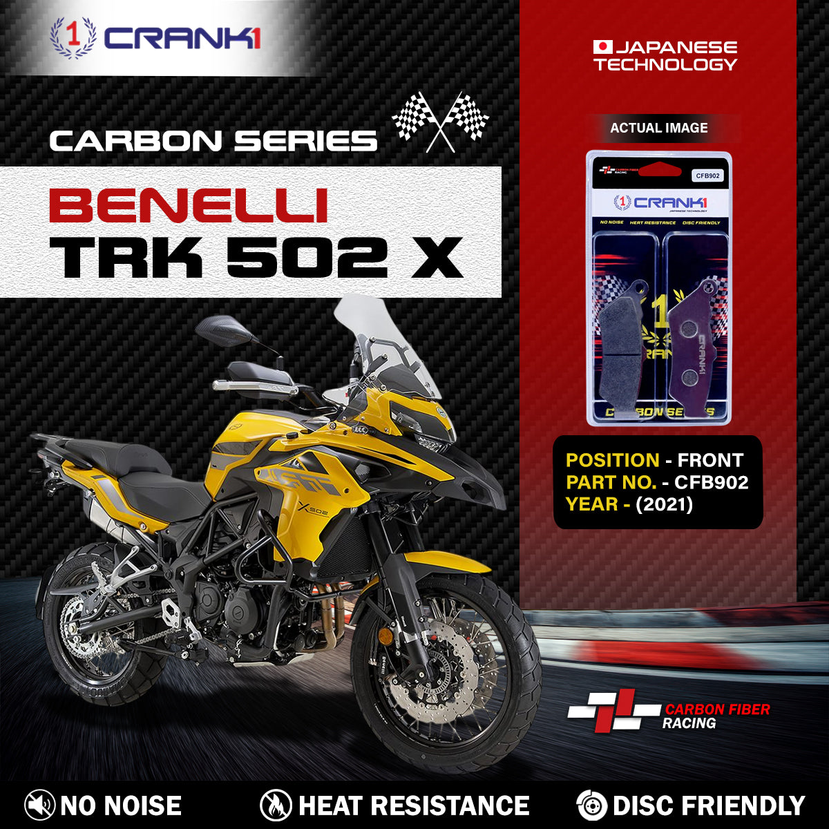 Crank1 Carbon Brake Pads For Benelli TRK 502 X (2021) - Front - CFB902 - 1 Set