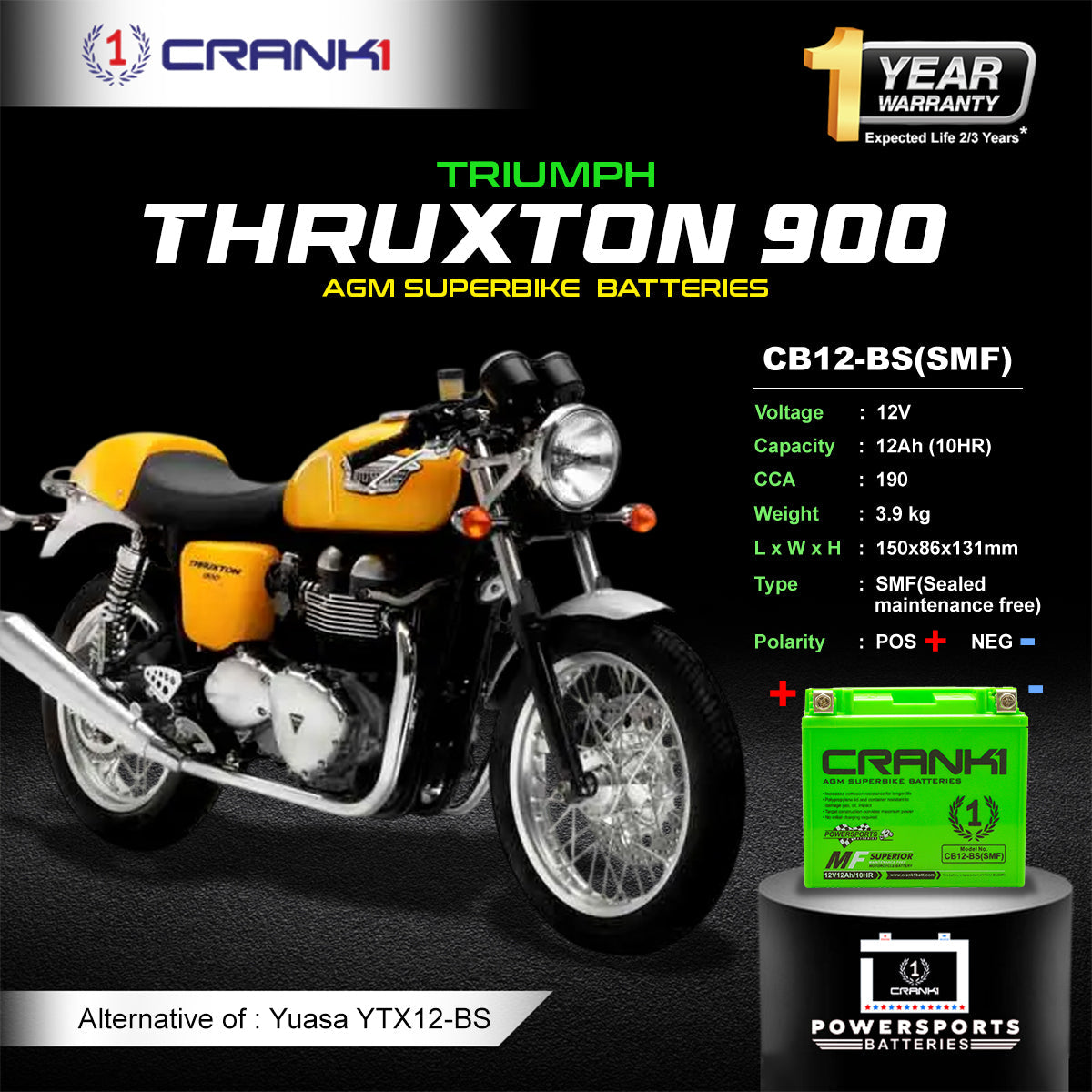 Crank1 Battery For Triumph Thruxton 900 (2003-2025) - CB12-BS - Factory Activated