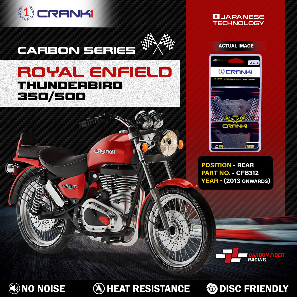 Crank1 Carbon Brake Pads For Royal Enfield Thunderbird 350/500 (2013 Onwards) - Rear - CFB312