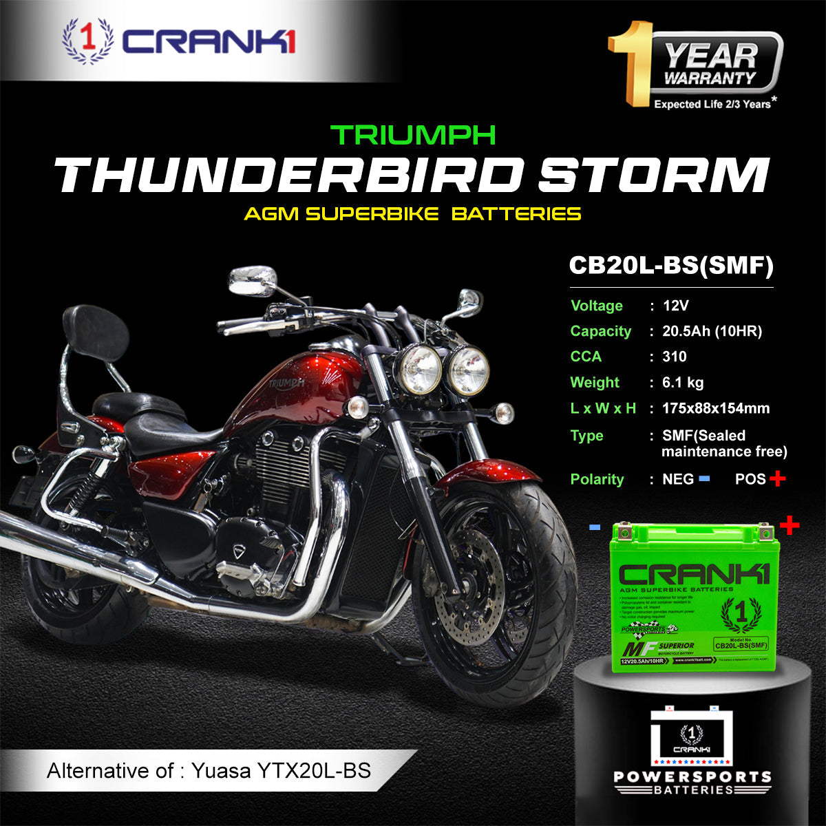 Crank1 Battery For Triumph Thunderbird Storm (2009-2018) - CB20L-BS - Factory Activated