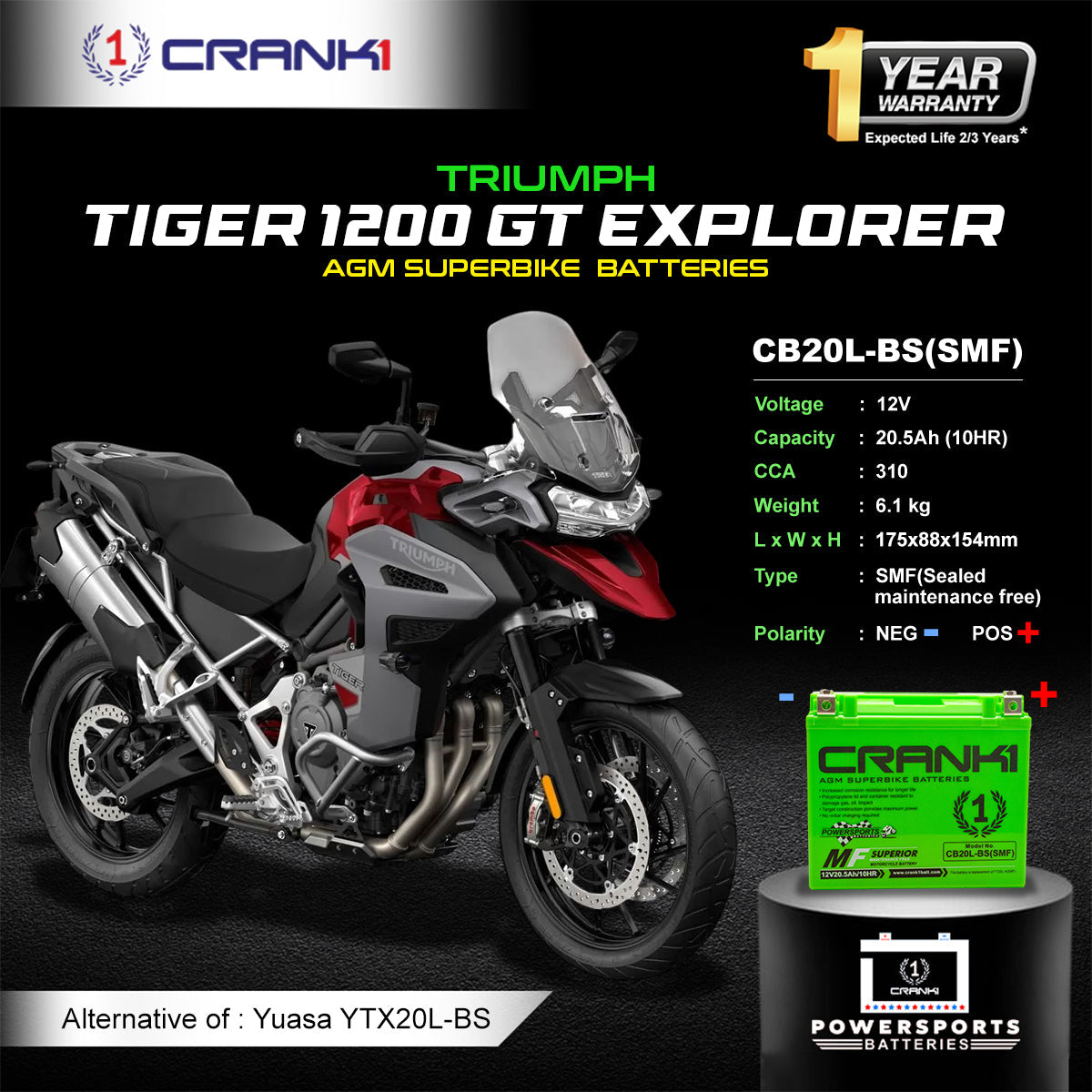 Crank1 Battery For Triumph Tiger 1200 GT Explorer - CB20L-BS - Factory Activated