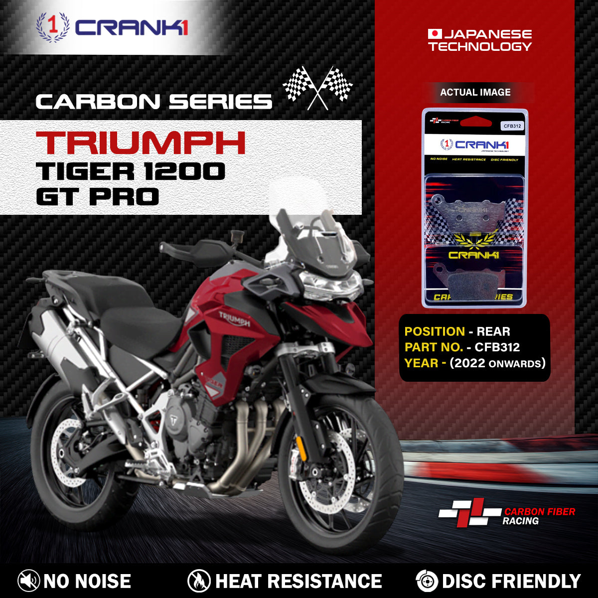 Crank1 Carbon Brake Pads For Triumph Tiger 1200 GT Pro (2022 Onwards) - Rear - CFB312