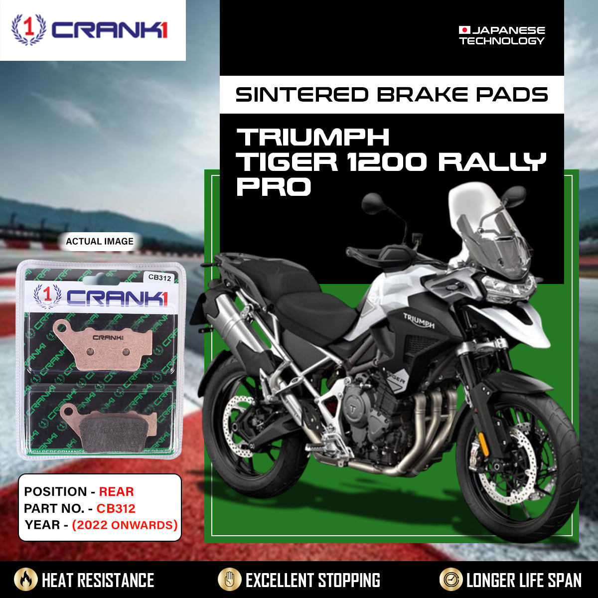 Crank1 Sintered Brake Pads For Triumph Tiger 1200 Rally Pro (2022 Onwards) - Rear - CB312