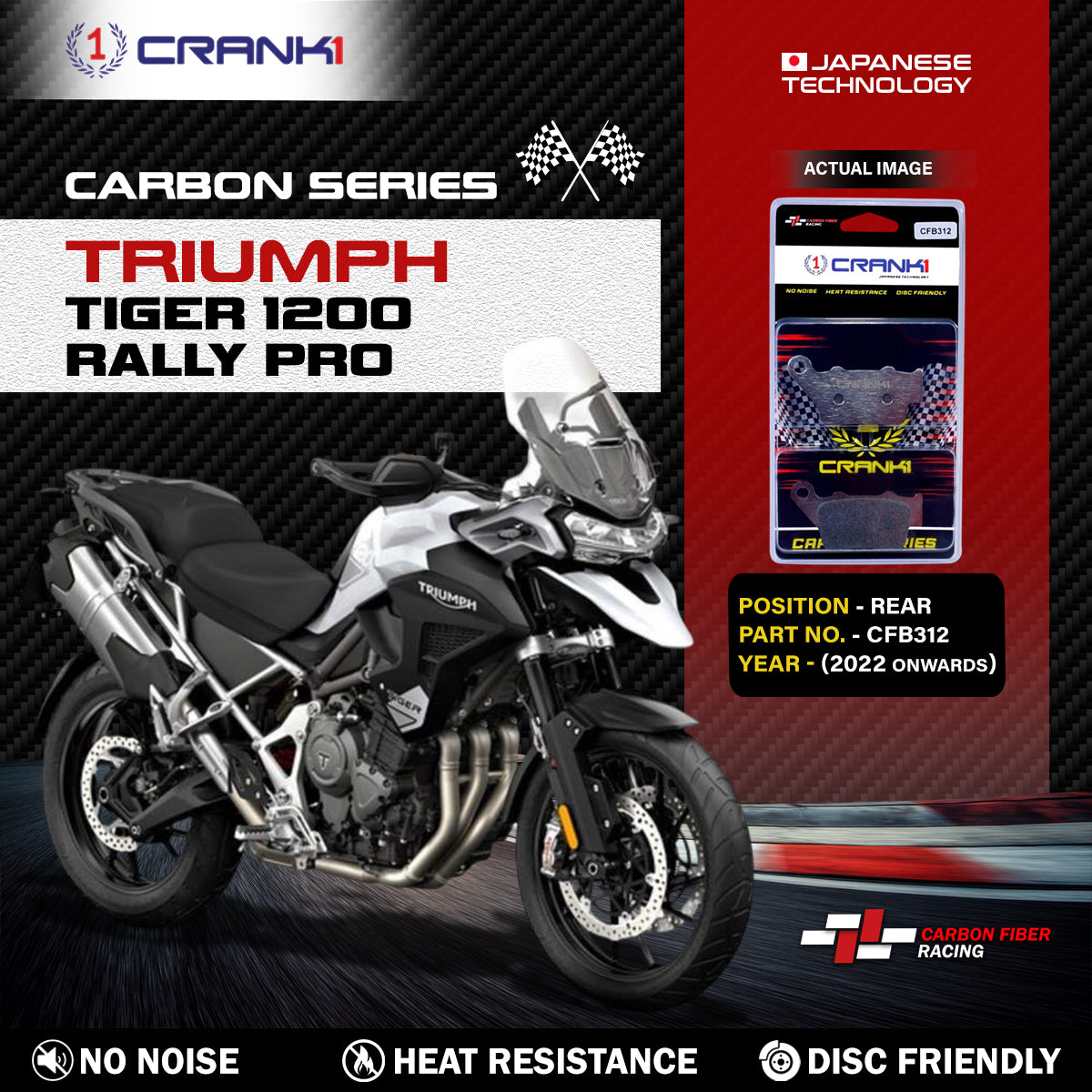 Crank1 Carbon Brake Pads For Triumph Tiger 1200 Rally Pro (2022 Onwards) - Rear - CFB312