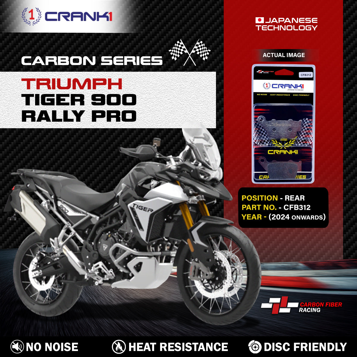 Crank1 Carbon Brake Pads For Triumph Tiger 900 Rally Pro (2024 Onwards) - Rear - CFB312