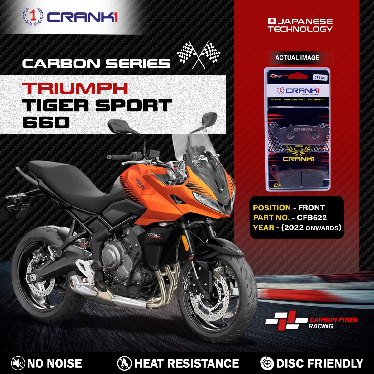 Crank1 Carbon Brake Pads For Triumph Tiger Sport 660 (2022 Onwards) - Front - CFB622 - 2 Sets