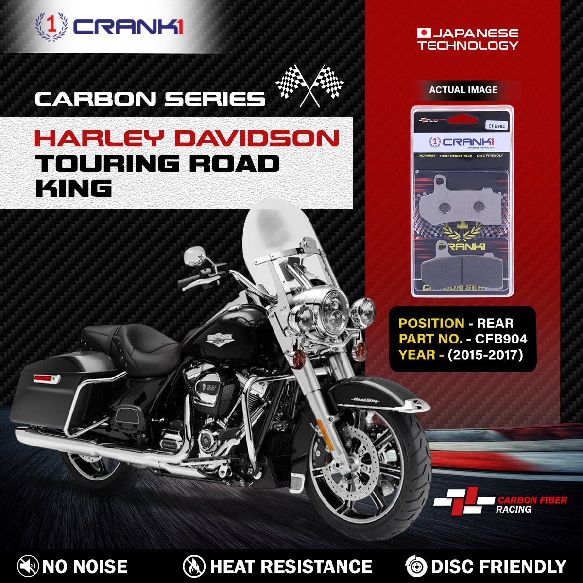 Crank1 Carbon Brake Pads For Harley Davidson Touring Road King (2015-2017) - Rear - CFB904