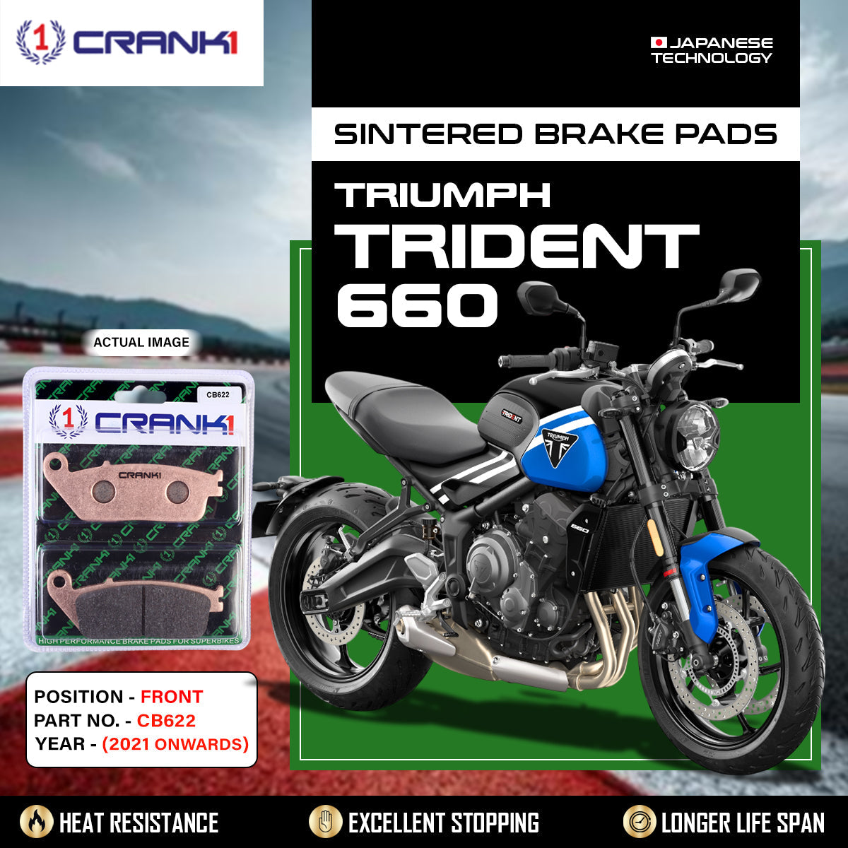 Crank1 Sintered Brake Pads For Triumph Trident 660 (2021 Onwards) - Front - CB622 - 2 Sets