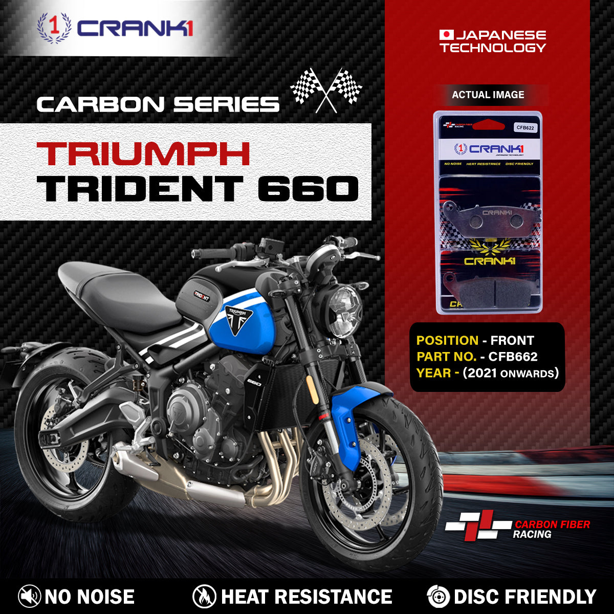 Crank1 Carbon Brake Pads For Triumph Trident 660 (2021 Onwards) - Front - CFB622 - 2 Sets
