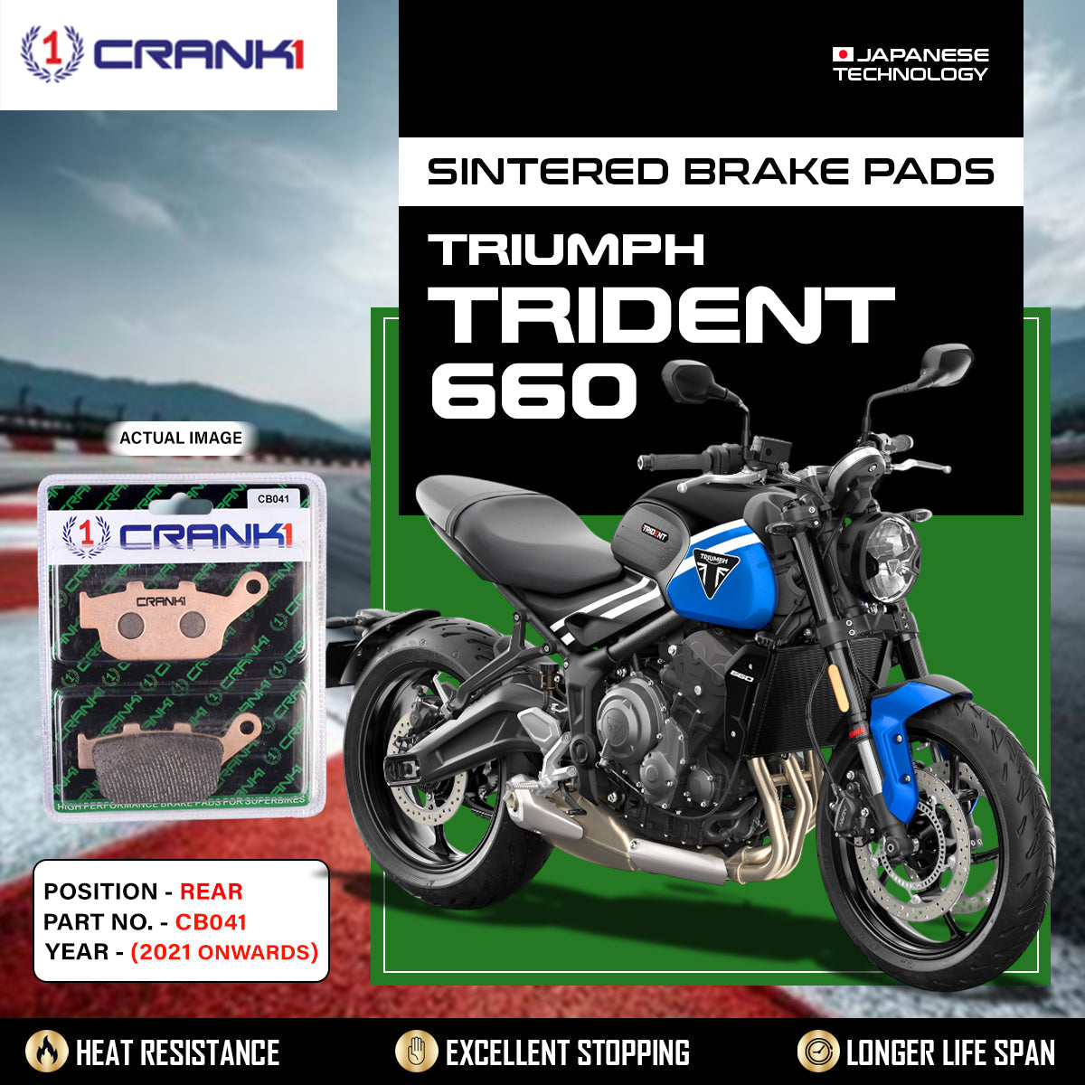 Crank1 Sintered Brake Pads For Triumph Trident 660 (2021 Onwards) - Rear - CB041