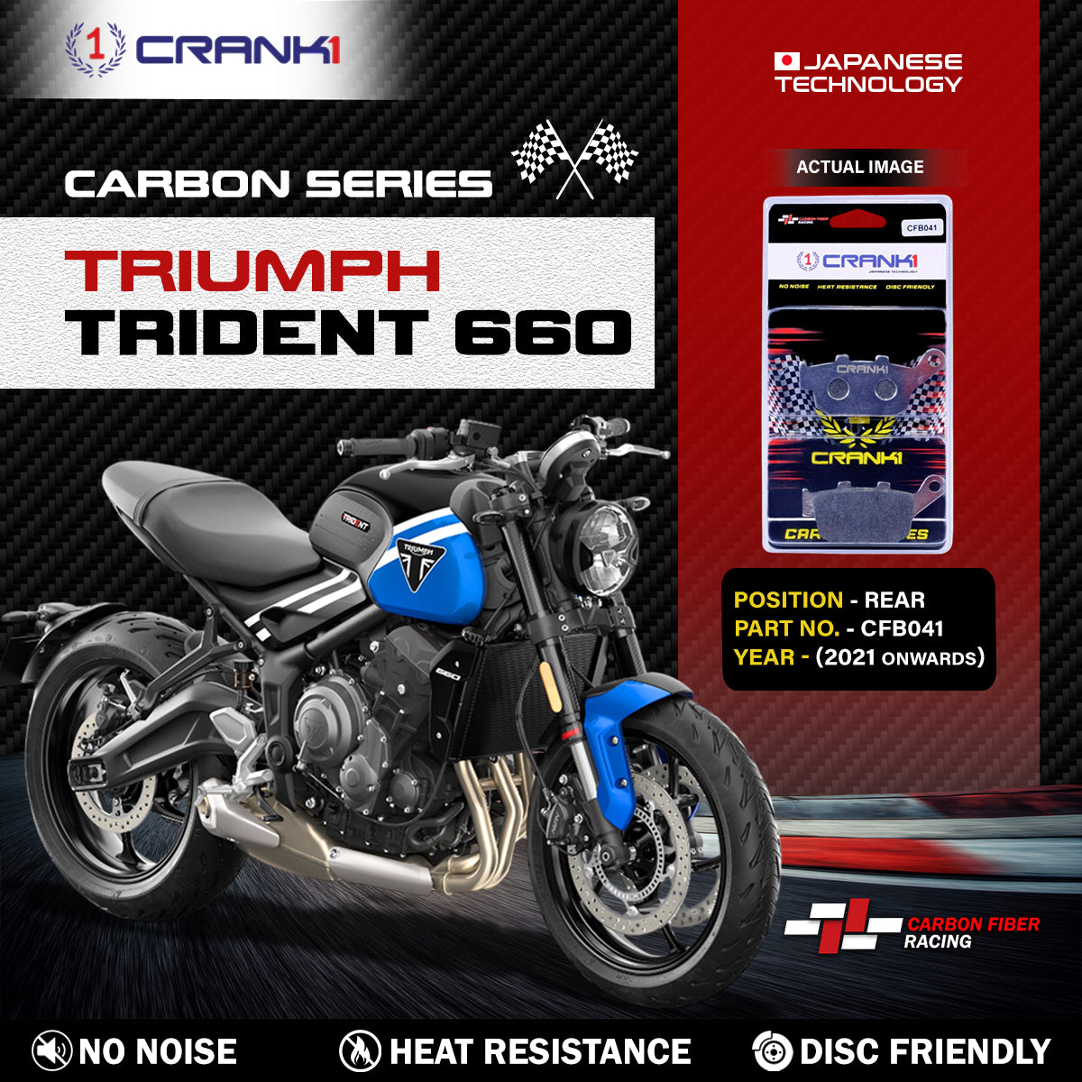 Crank1 Carbon Brake Pads For Triumph Trident 660 (2021 Onwards) - Rear - CFB041