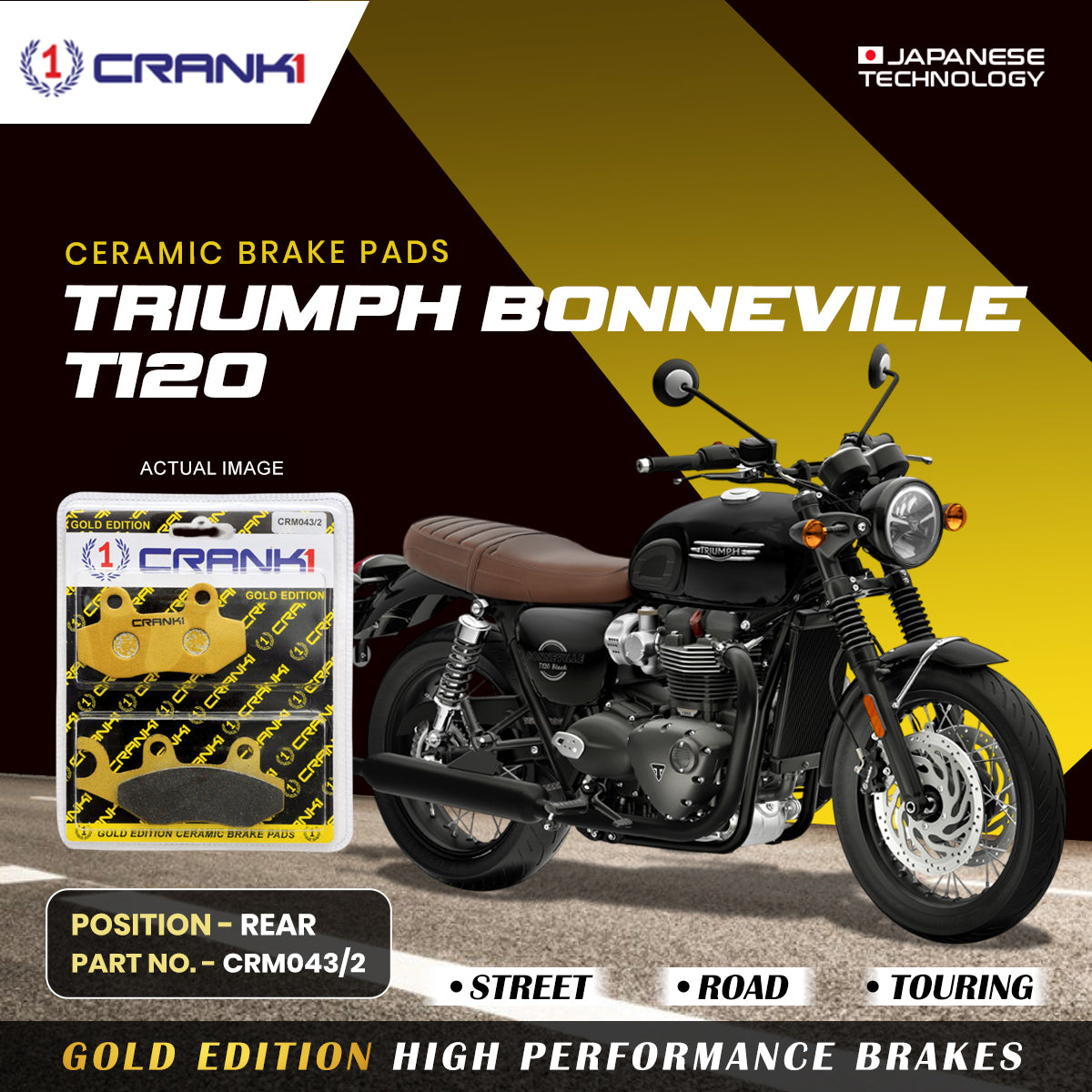Crank1 Ceramic Brake Pads For Triumph Bonneville T120 - Rear - CRM043/2