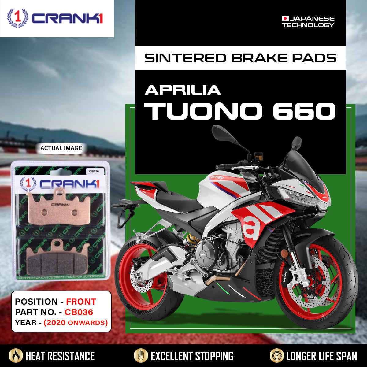 Crank1 Sintered Brake Pads For Aprilia Tuono 660 (2020 Onwards) - Front - CB036 - 2 Sets