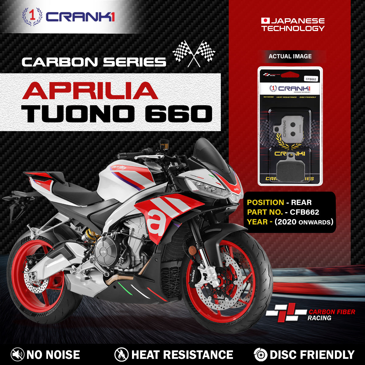 Crank1 Carbon Brake Pads For Aprilia Tuono 660 (2020 Onwards) - Rear - CFB662