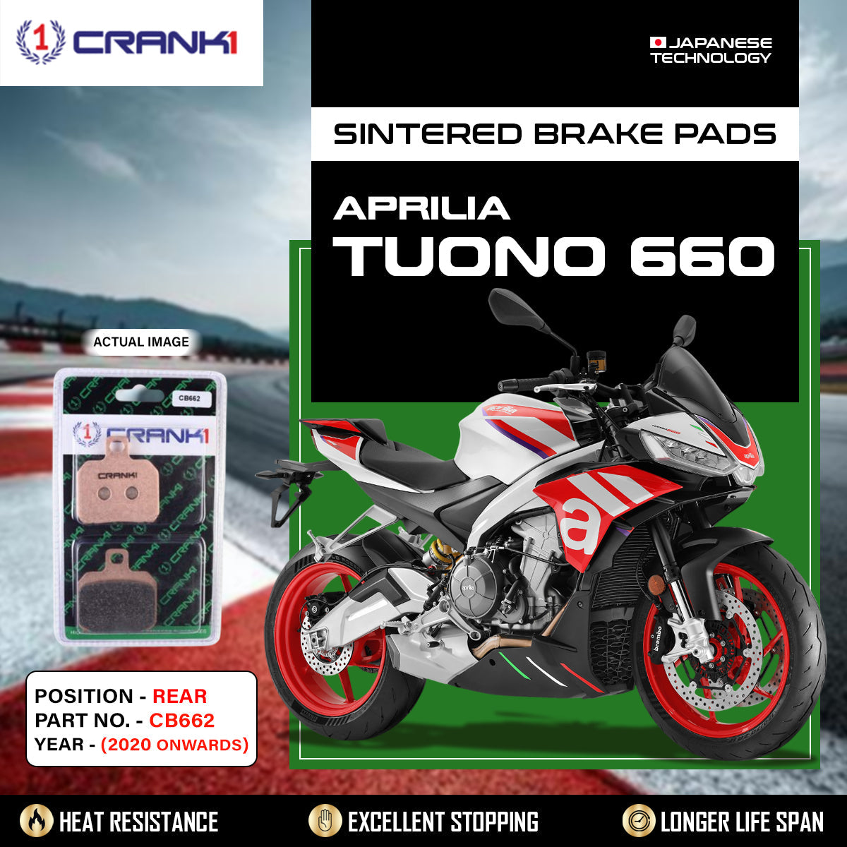 Crank1 Sintered Brake Pads For Aprilia Tuono 660 (2020 Onwards) - Rear - CB662