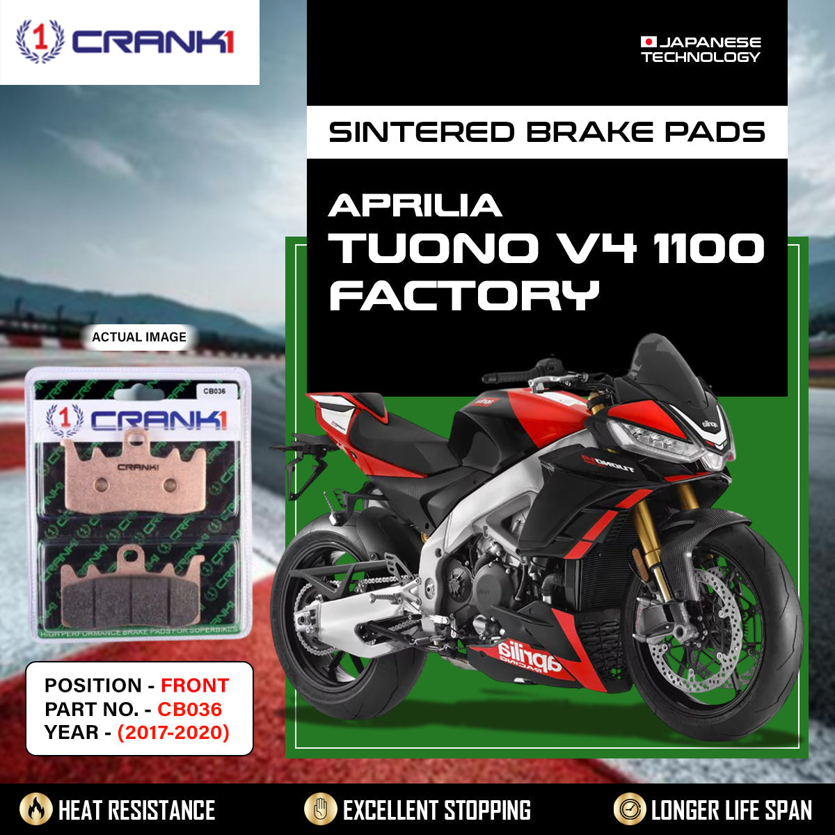 Crank1 Sintered Brake Pads For Aprilia Tuono V4 1100 Factory (2017-2020) - Front - CB036 - 2 Sets