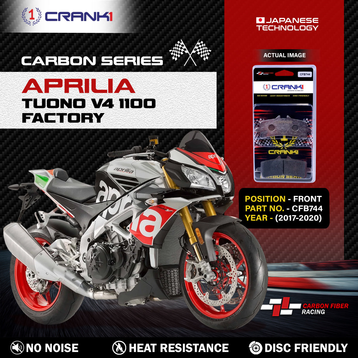 Crank1 Carbon Brake Pads For Aprilia Tuono V4 1100 Factory (2017-2020) - Front - CFB744 - 2 Sets