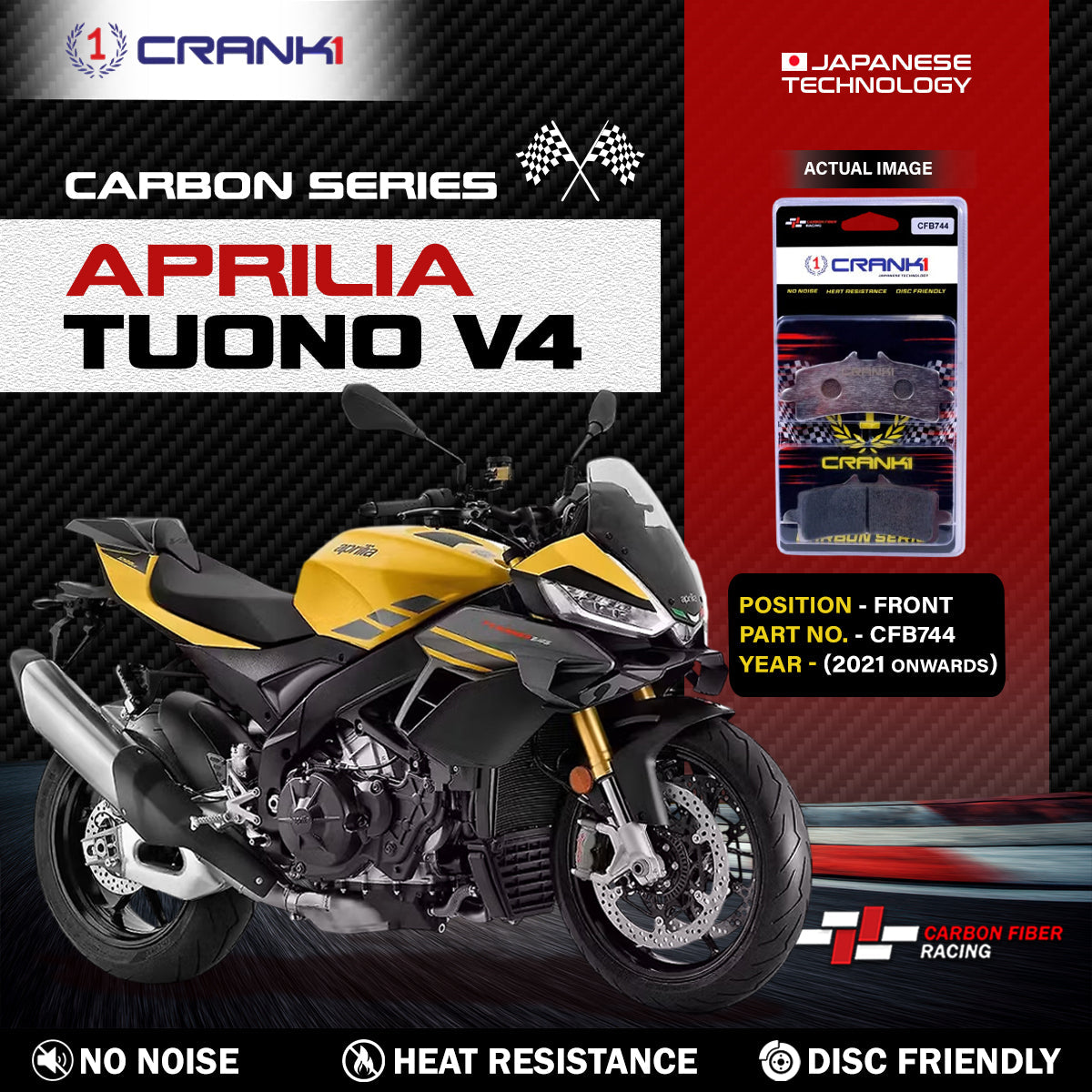 Crank1 Carbon Brake Pads For Aprilia Tuono V4 (2021 Onwards) - Front - CFB744 - 2 Sets