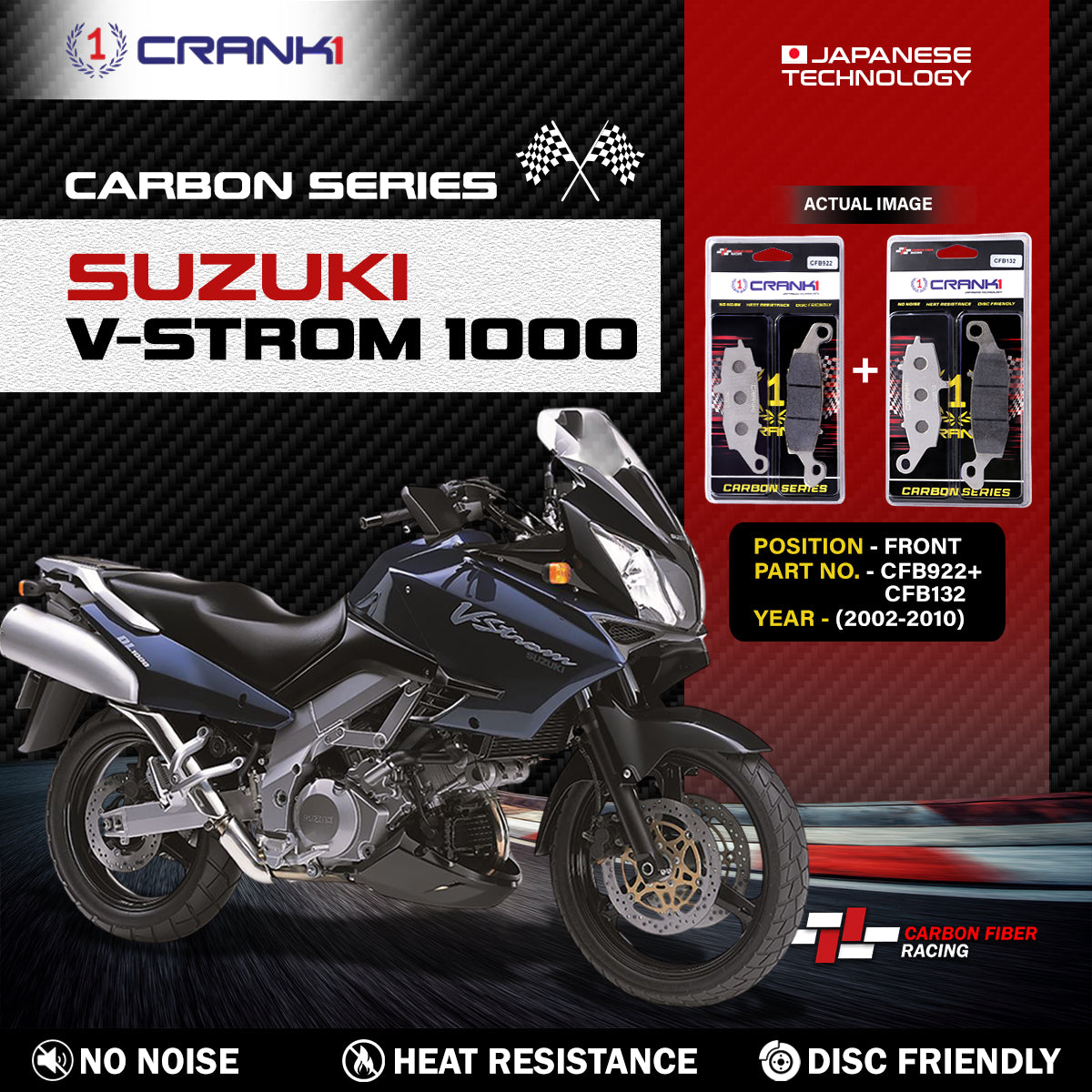 Crank1 Carbon Brake Pads For Suzuki V-Strom 1000 (2002-2010) - Front - CFB922 + CFB132 - 2 Sets
