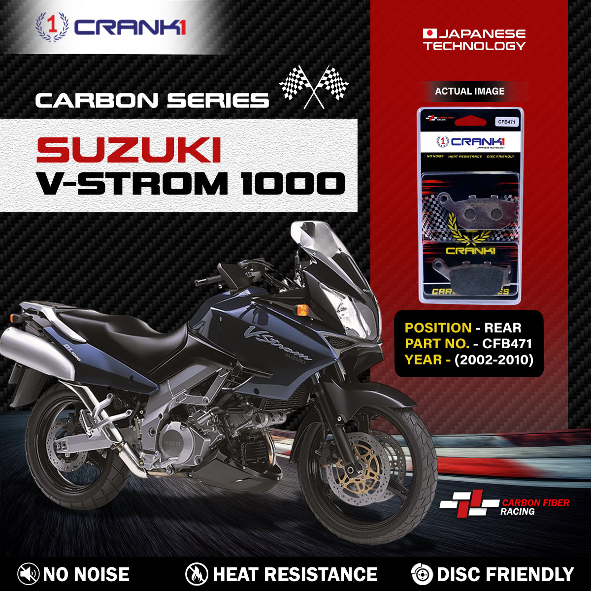 Crank1 Carbon Brake Pads For Suzuki V-Strom 1000 (2002-2010) - Rear - CFB471