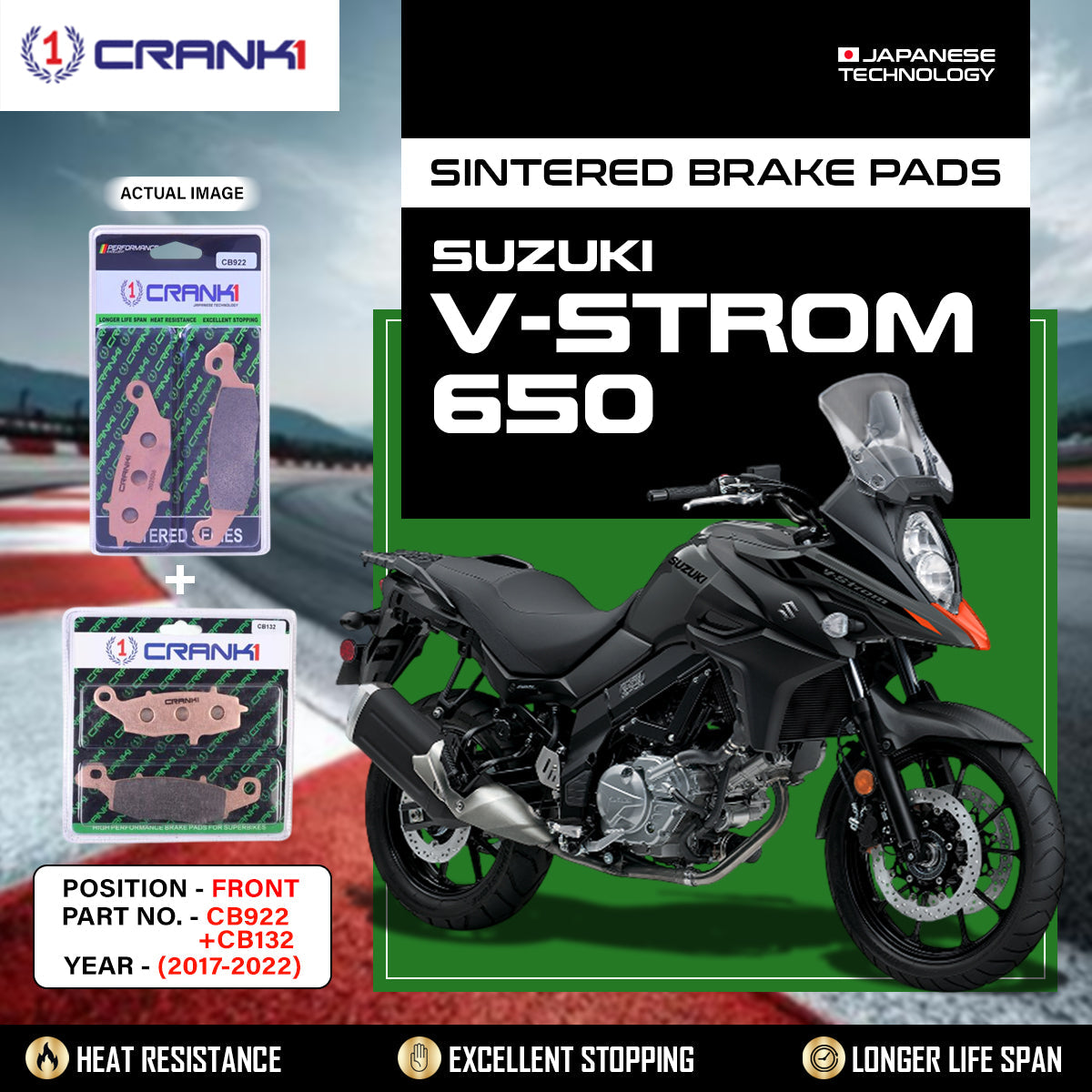 Crank1 Sintered Brake Pads For Suzuki V-Strom 650 (2017-2022) - Front - CB922 + CB132 - 2 Sets