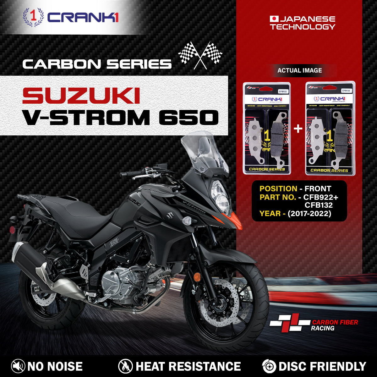 Crank1 Carbon Brake Pads For Suzuki V-Strom 650 (2017-2022) - Front - CFB922 + CFB132 - 2 Sets