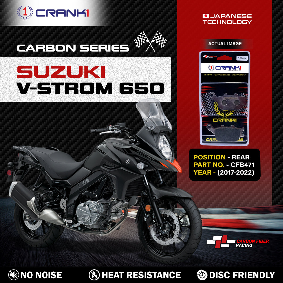 Crank1 Carbon Brake Pads For Suzuki V-Strom 650 (2017-2022) - Rear - CFB471