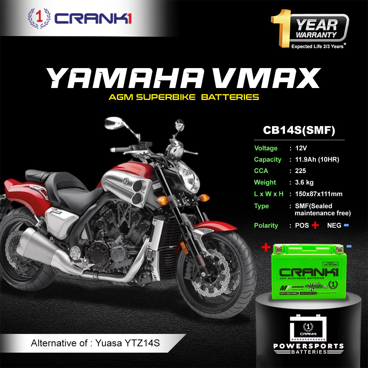 Crank1 Battery For Yamaha VMAX (2009-2020) - CB14S - Factory Activated