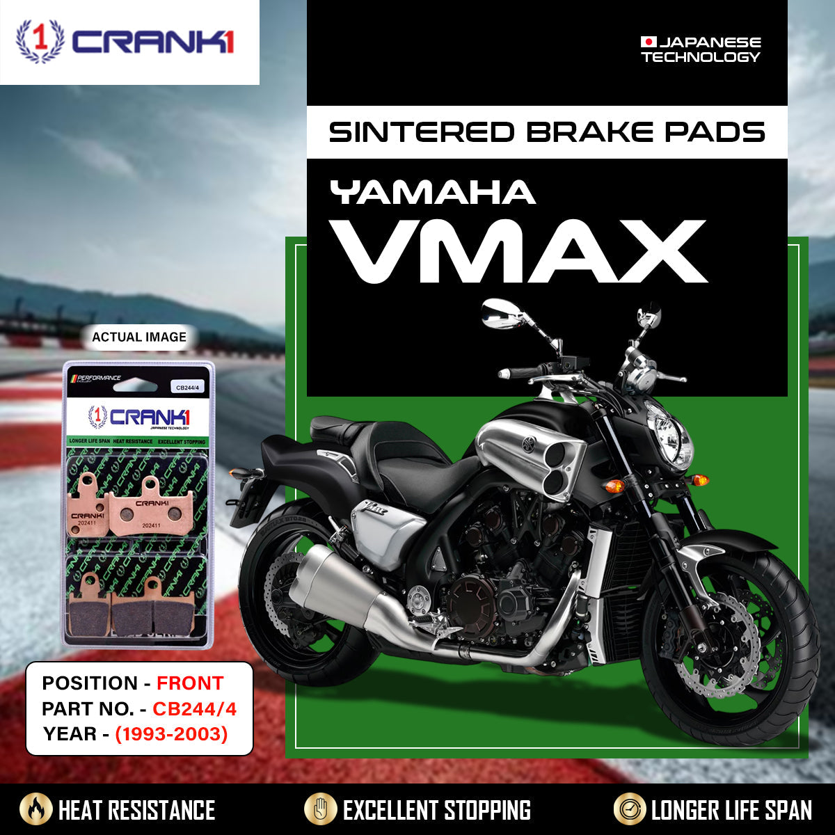 Crank1 Sintered Brake Pads For Yamaha VMAX (1993-2003) - Front - CB244/4 - 2 Sets Required