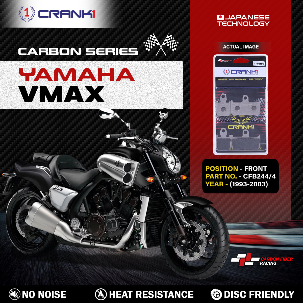 Crank1 Carbon Brake Pads For Yamaha VMAX (1993-2003) - Front - CFB244/4 - 2 Sets