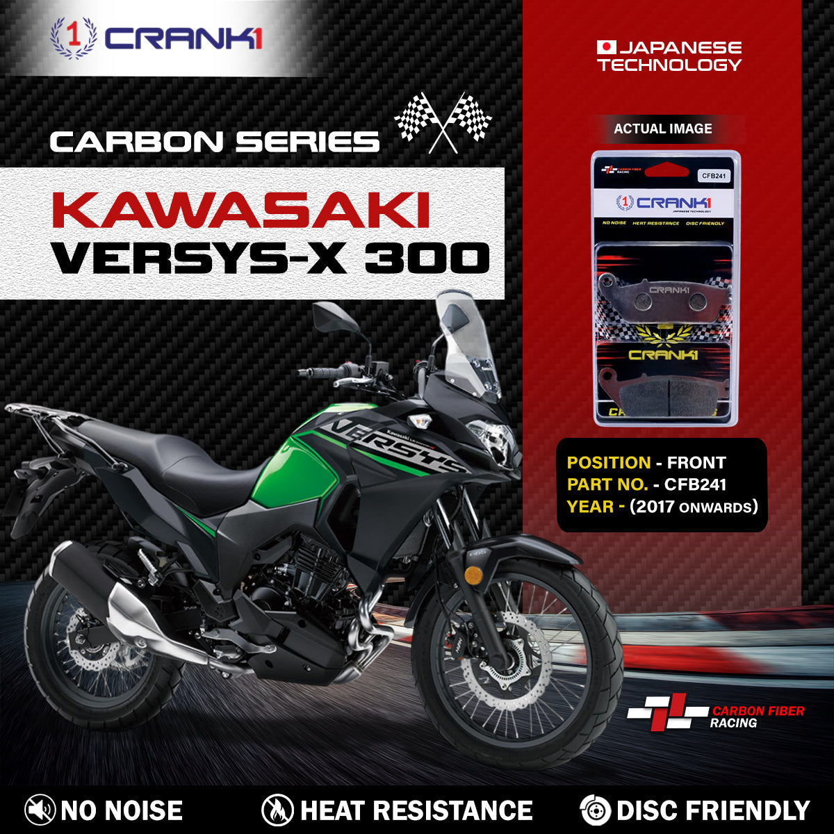 Crank1 Carbon Brake Pads For Kawasaki Versys-X 300 (2017 Onwards) - Front - CFB241