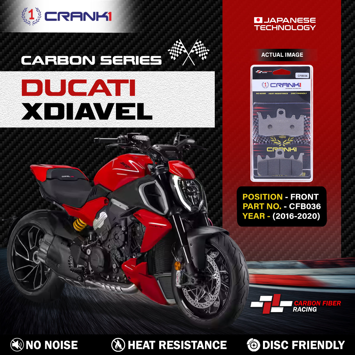 Crank1 Carbon Brake Pads For Ducati XDiavel (2016-2020) - Front - CFB036 - 2 Sets