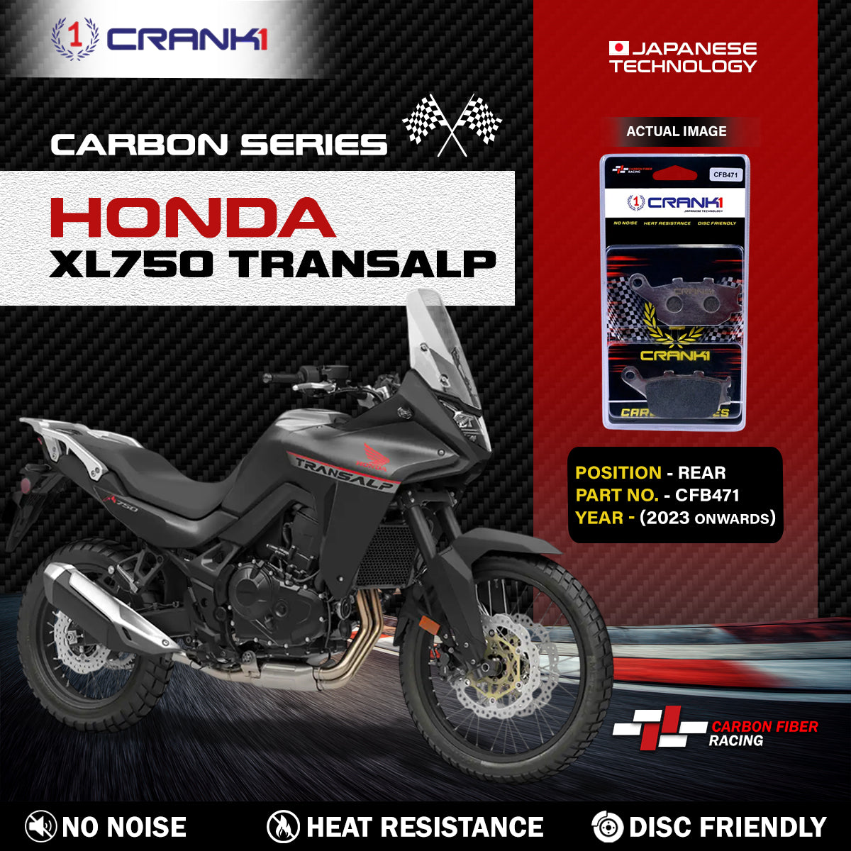 Crank1 Carbon Brake Pads For Honda XL750 Transalp (2023 Onwards) - Rear - CFB471
