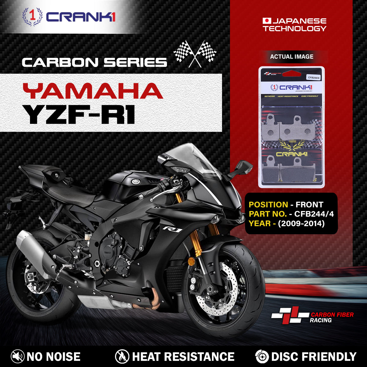 Crank1 Carbon Brake Pads For Yamaha YZF-R1 (2009-2014) - Front - CFB244/4 - 2 Sets