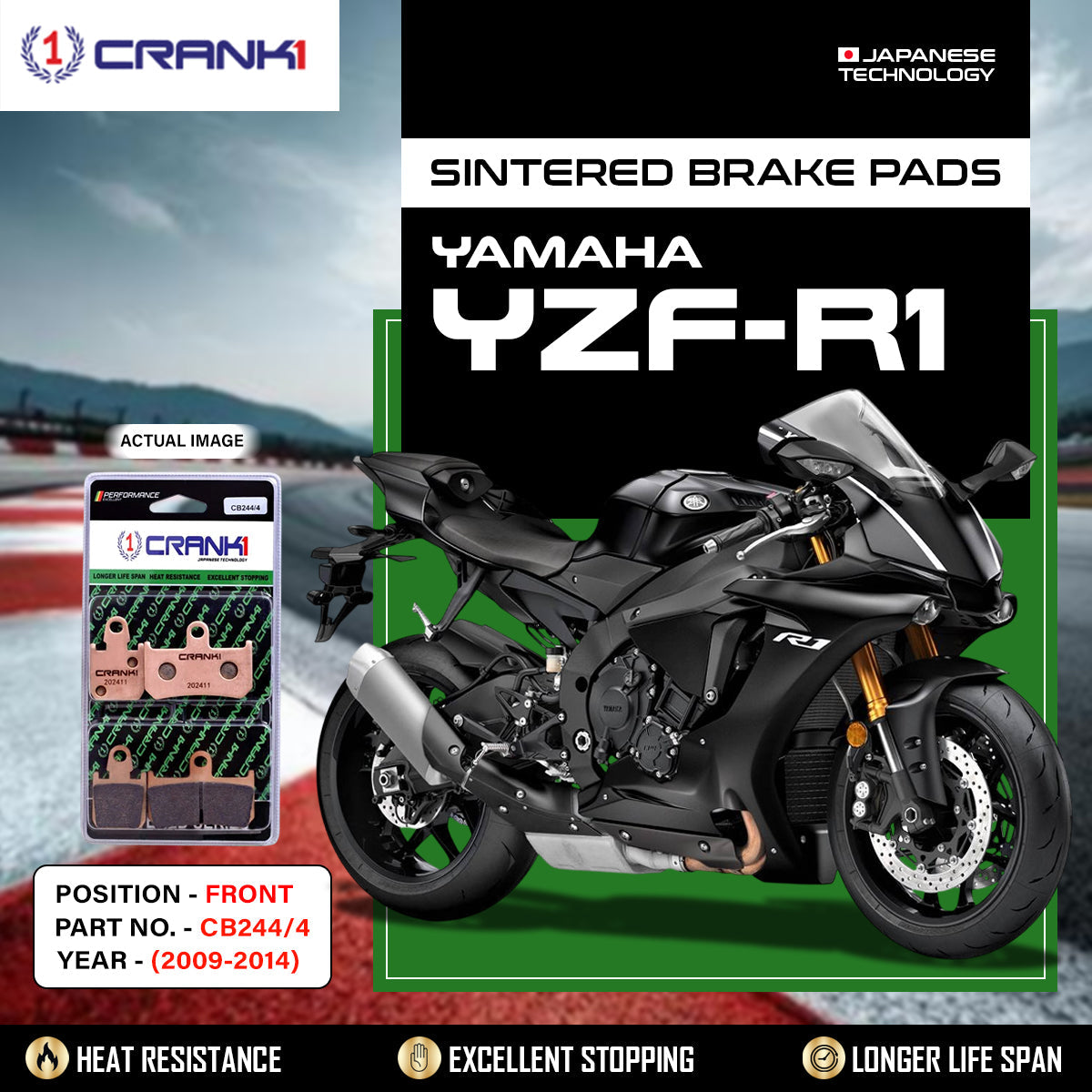 Crank1 Sintered Brake Pads For Yamaha YZF-R1 (2009-2014) - Front - CB244/4 - 2 Sets Required
