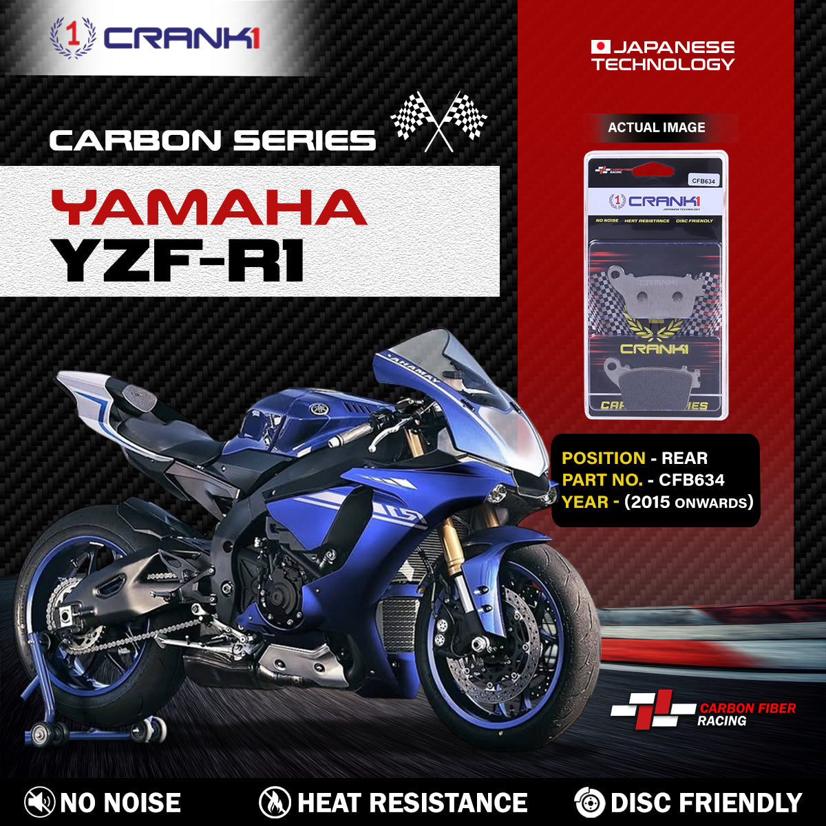 Crank1 Carbon Brake Pads For Yamaha YZF-R1 (2015 Onwards) - Rear - CFB634