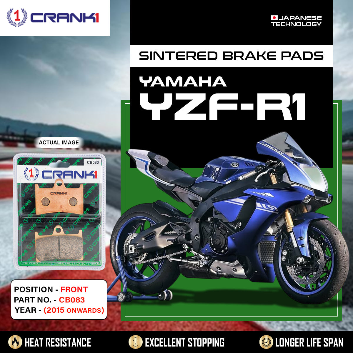 Crank1 Sintered Brake Pads For Yamaha YZF-R1 (2015 Onwards) - Front - CB083 - 2 Sets