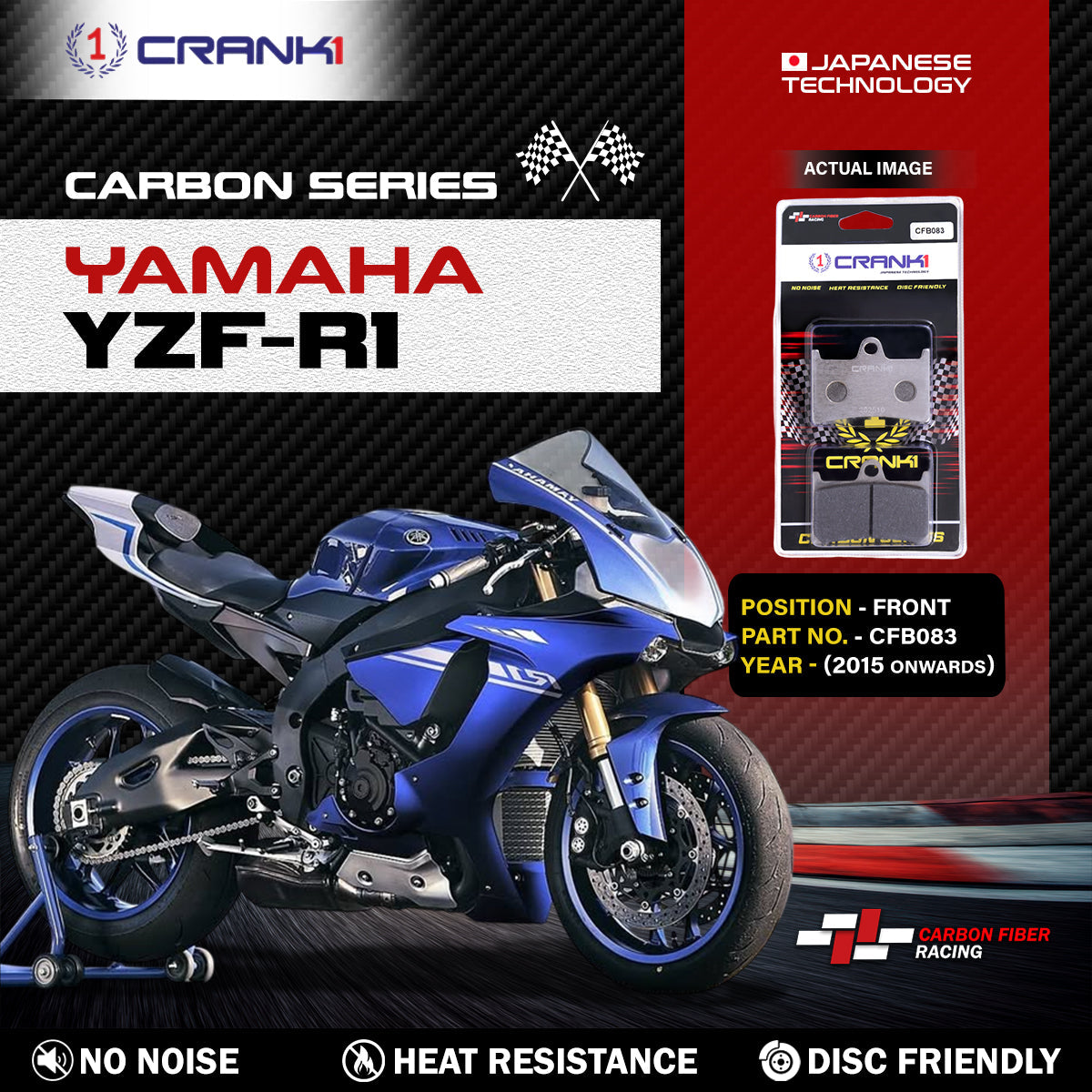 Crank1 Carbon Brake Pads For Yamaha YZF-R1 (2015 Onwards) - Front - CFB083 - 2 Sets