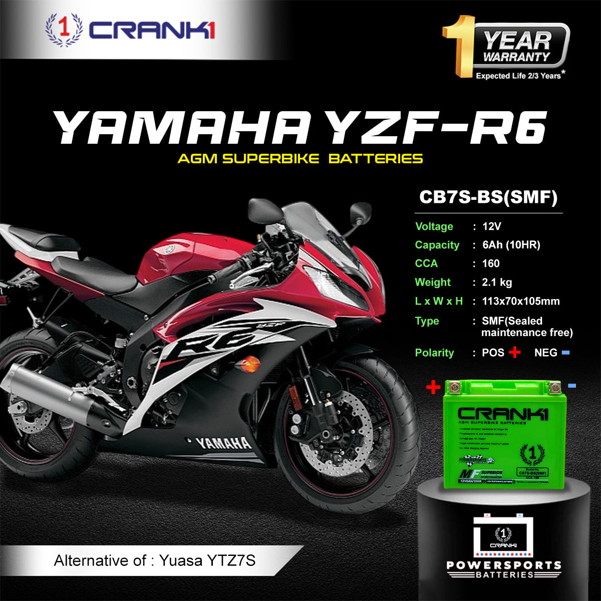 Crank1 Battery For Yamaha YZF-R6 (2017-2021) - CB7S-BS - Factory Activated