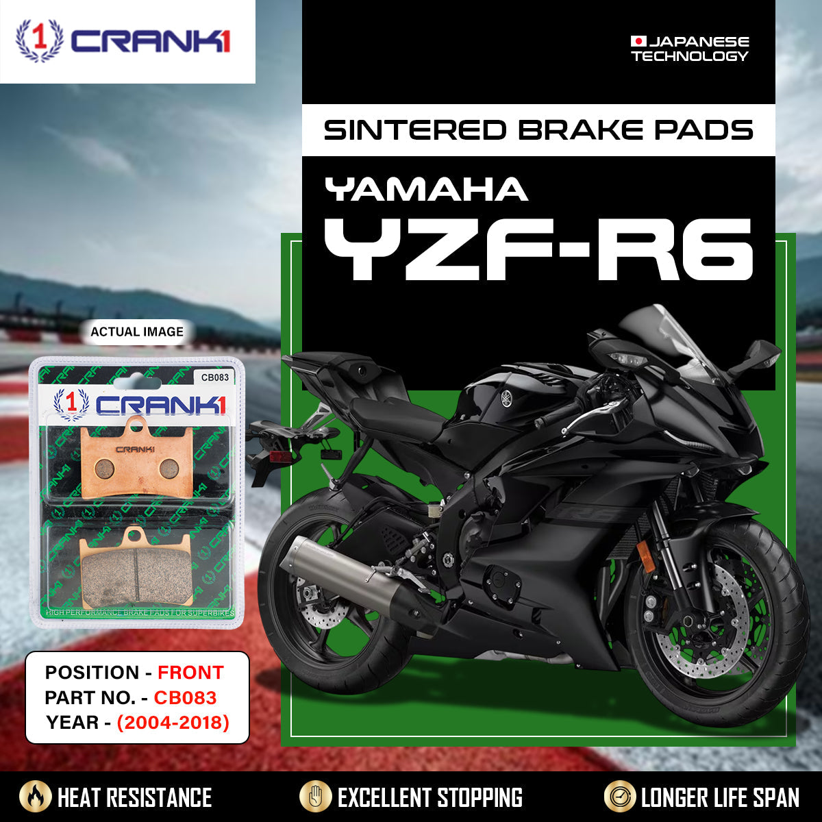 Crank1 Sintered Brake Pads For Yamaha YZF-R6 (2004-2018) - Front - CB083 - 2 Sets