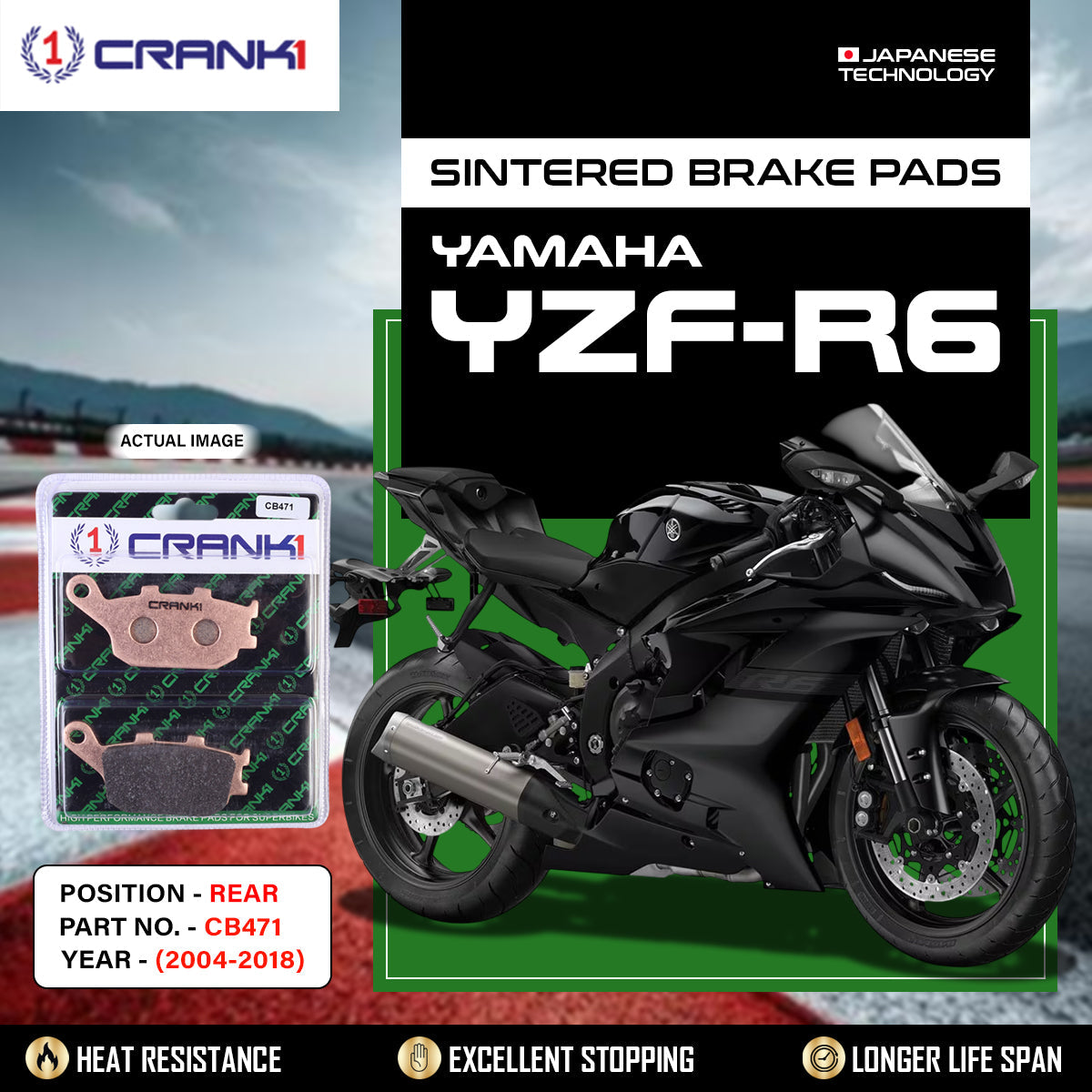 Crank1 Sintered Brake Pads For Yamaha YZF-R6 (2004-2018) - Rear - CB471