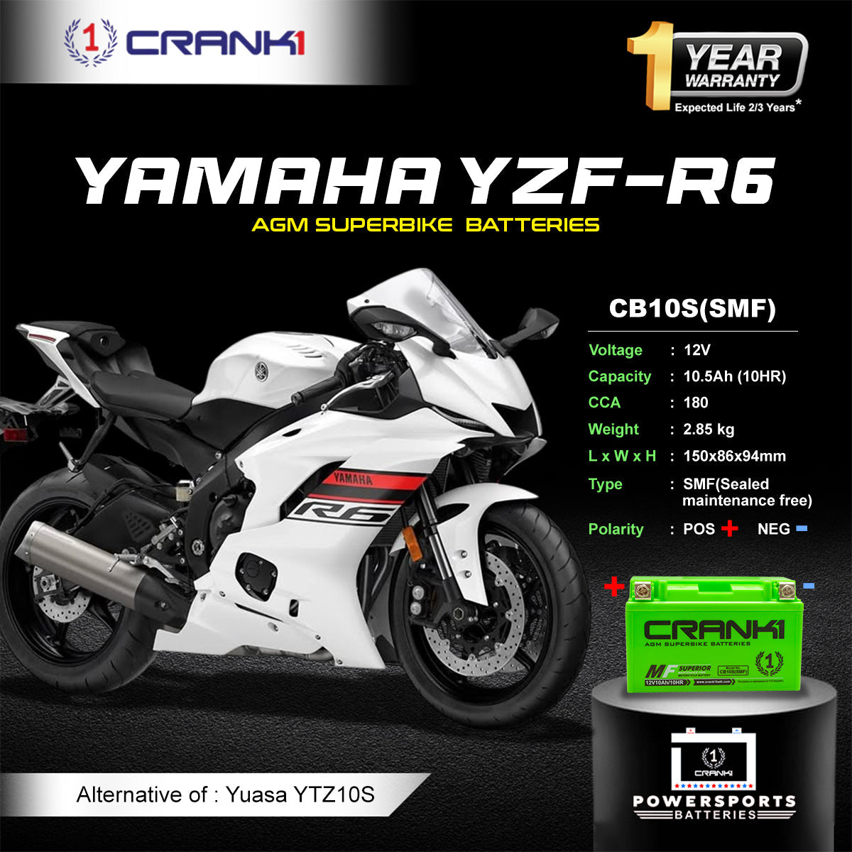 Crank1 Battery For Yamaha YZF-R6 (2010-2025) - CB10S - Factory Activated