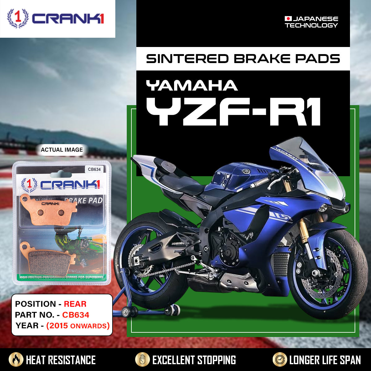 Crank1 Sintered Brake Pads For Yamaha YZF-R1 (2015 Onwards) - Rear - CB634
