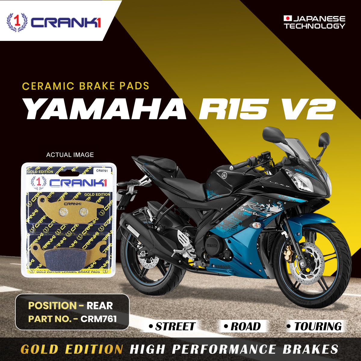 Crank1 Ceramic Brake Pads For Yamaha R15 V2 - Rear - CRM761
